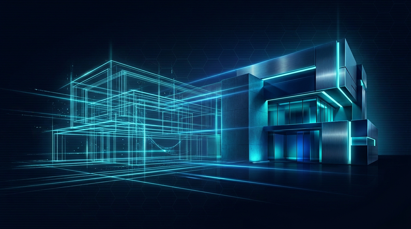 A glowing cyan wireframe blueprint on the left materializing into a finished, solid building on the right