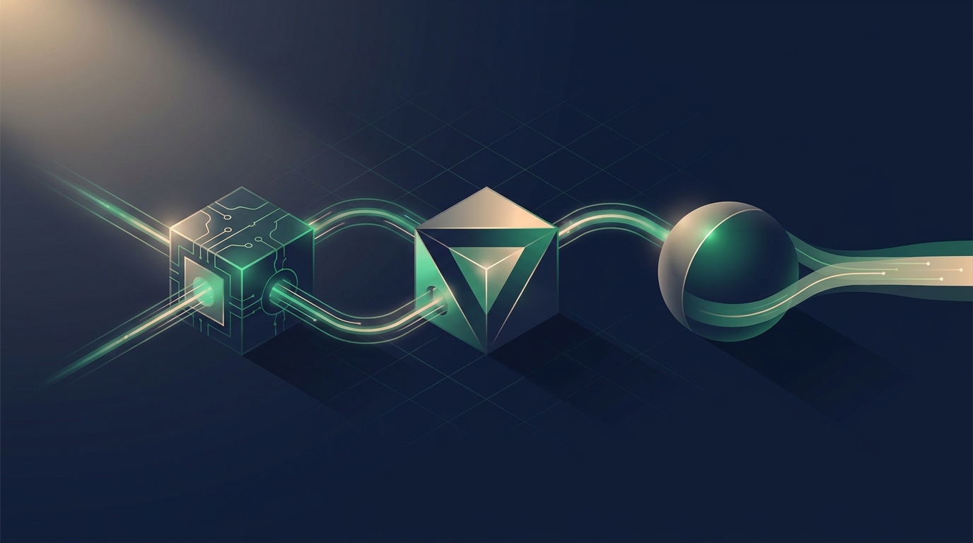 Abstract isometric data pipeline flowing left to right in navy and emerald — inputs transformed into a refined output