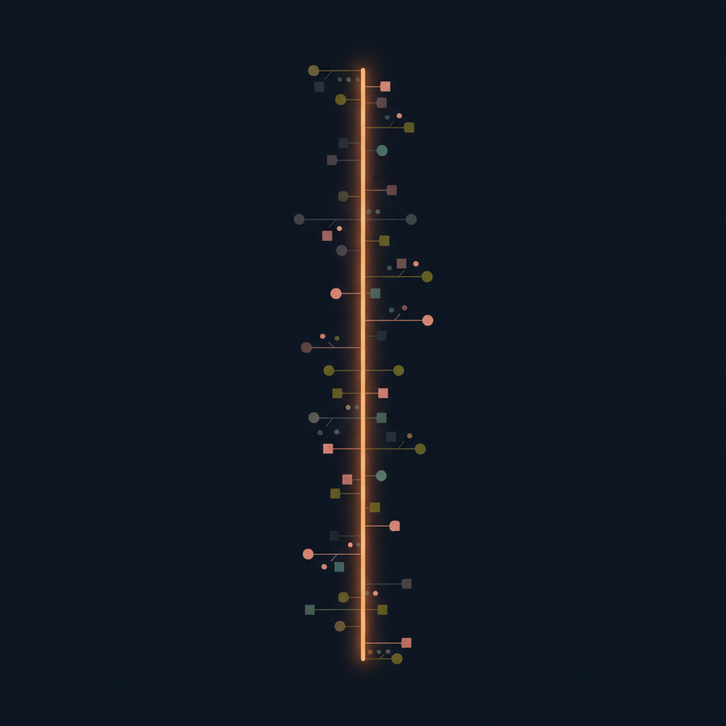 A single glowing amber timeline running down a dark navy background with small abstract event nodes branching off. The event log as the spine of the system.