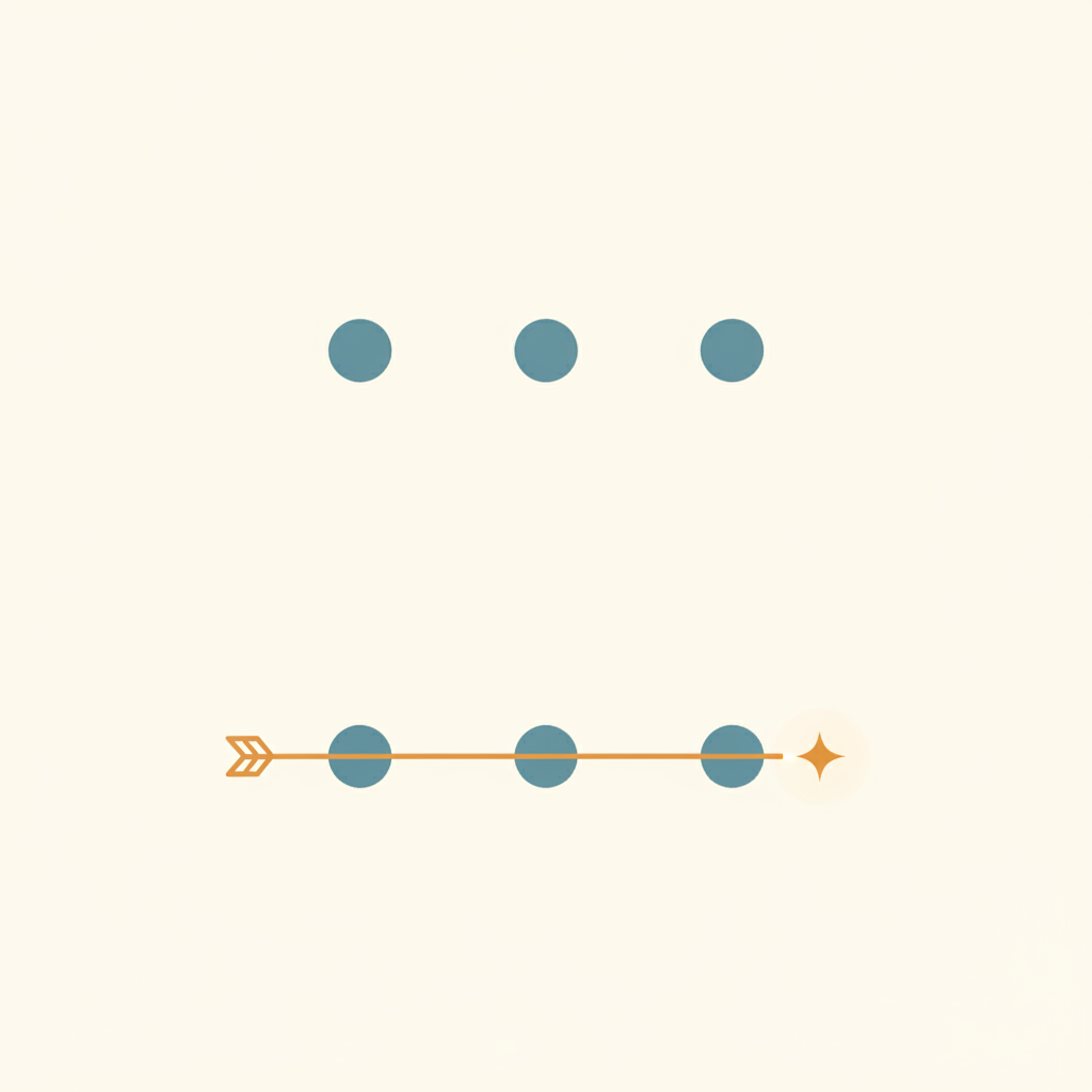 Two rows of abstract event icons. The top row sits isolated. The bottom row is connected by a single amber arrow ending in a star. The cause_event_id link that turns isolated activity into a story an agent can learn from.