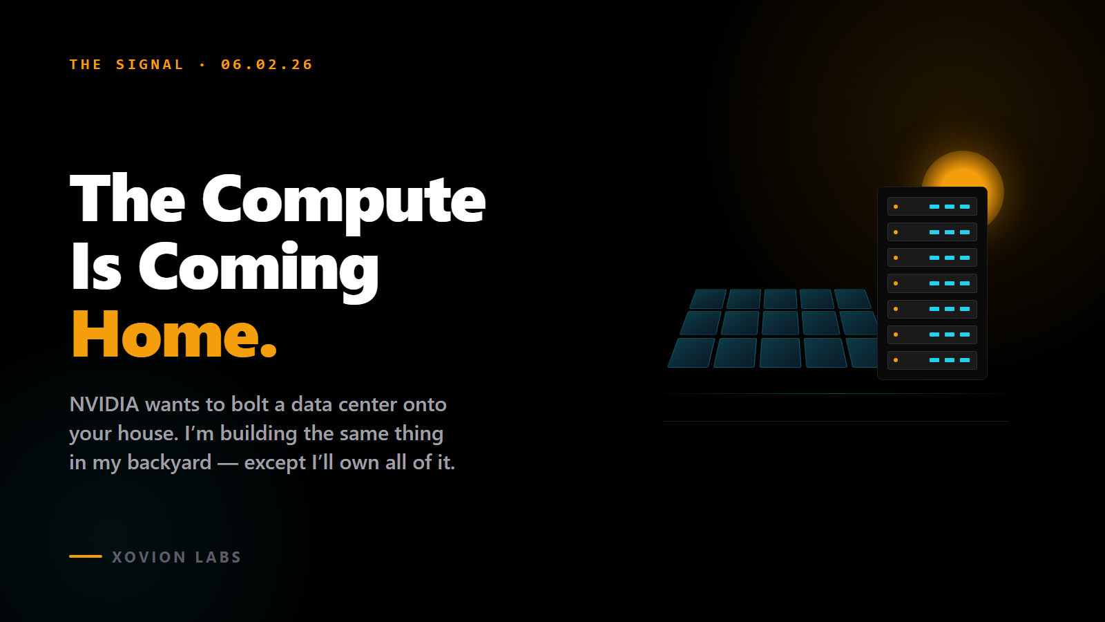 Two AI-compute setups side by side — a sleek corporate node bolted to a suburban tract home, and a homeowner-owned solar array powering a server rack in the desert.
